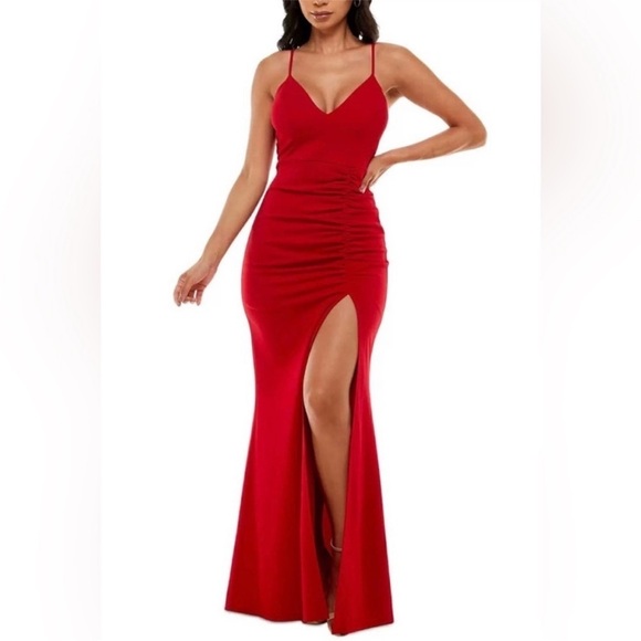Emerald Sundae Long Maxi High Slit Juniors' Ruched Side-Slit Slim dress Gown XXS - Picture 2 of 10
